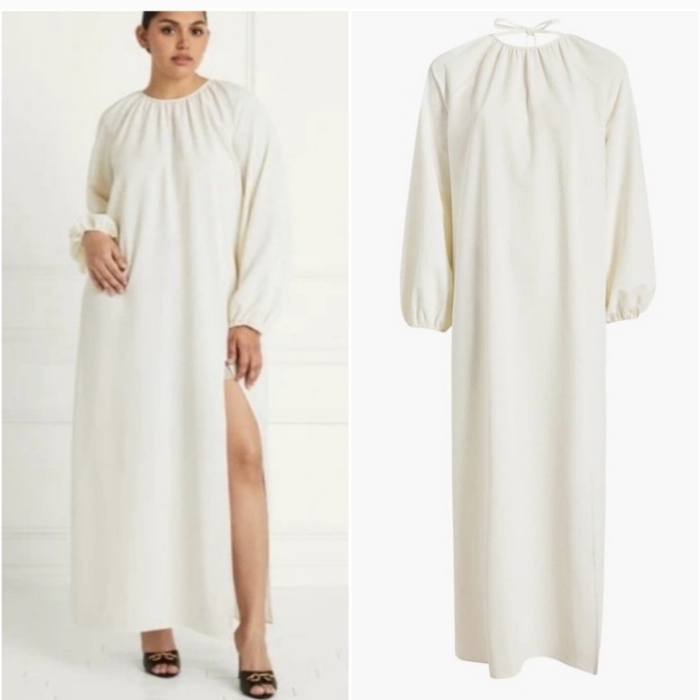 Hill House The Simone Dress Coconut Ivory Maxi Open Back Blouson Slv L NWT